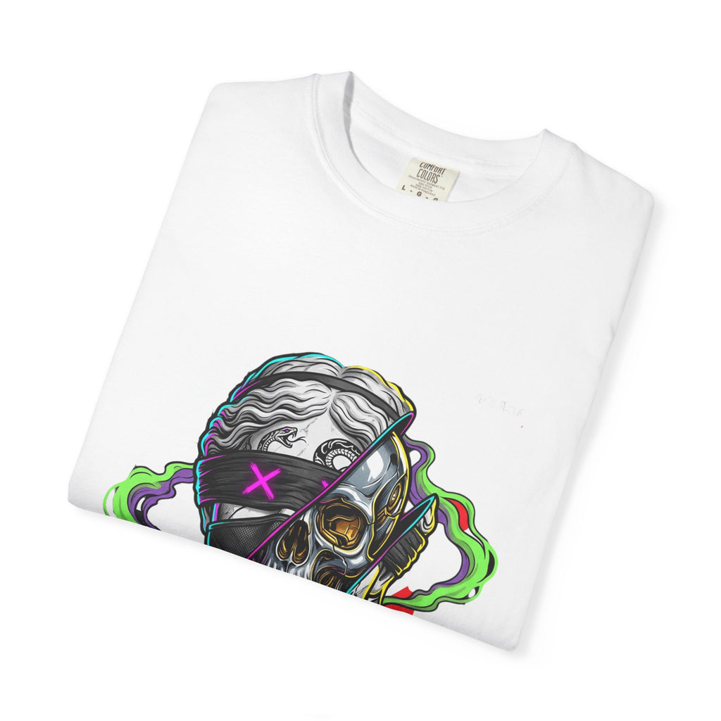 Skull Split Face T-Shirt — Neon Cyberpunk Graphic Tee