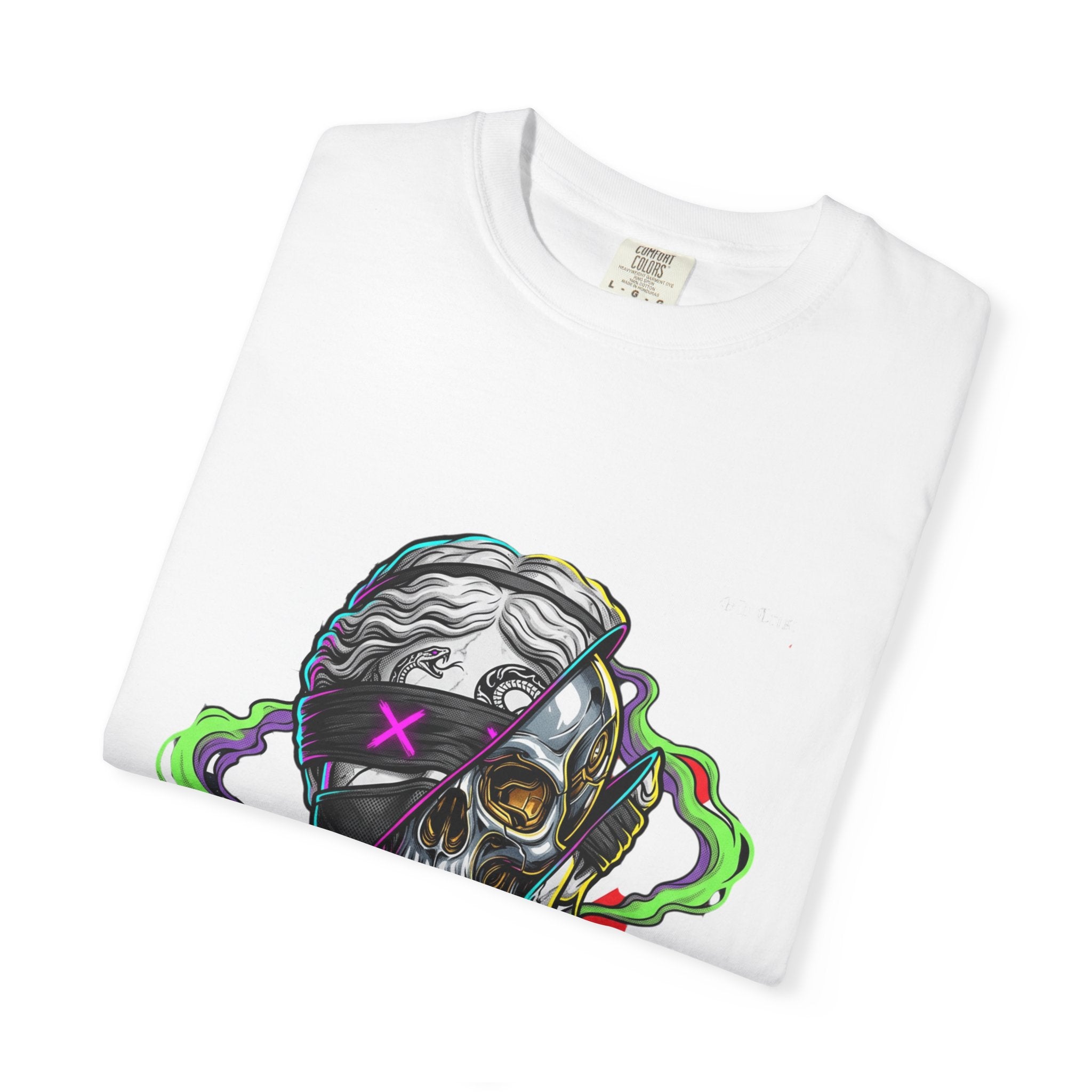 Skull Split Face T-Shirt — Neon Cyberpunk Graphic Tee