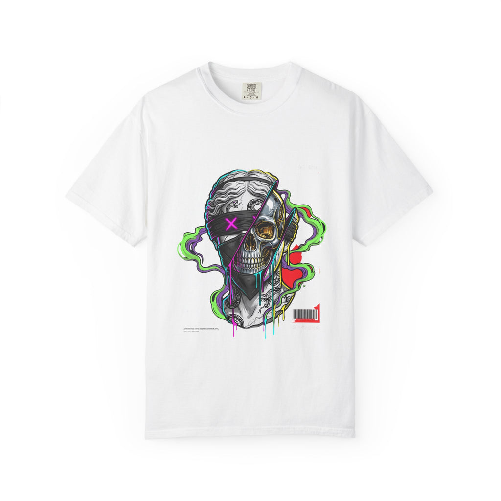 Skull Split Face T-Shirt — Neon Cyberpunk Graphic Tee