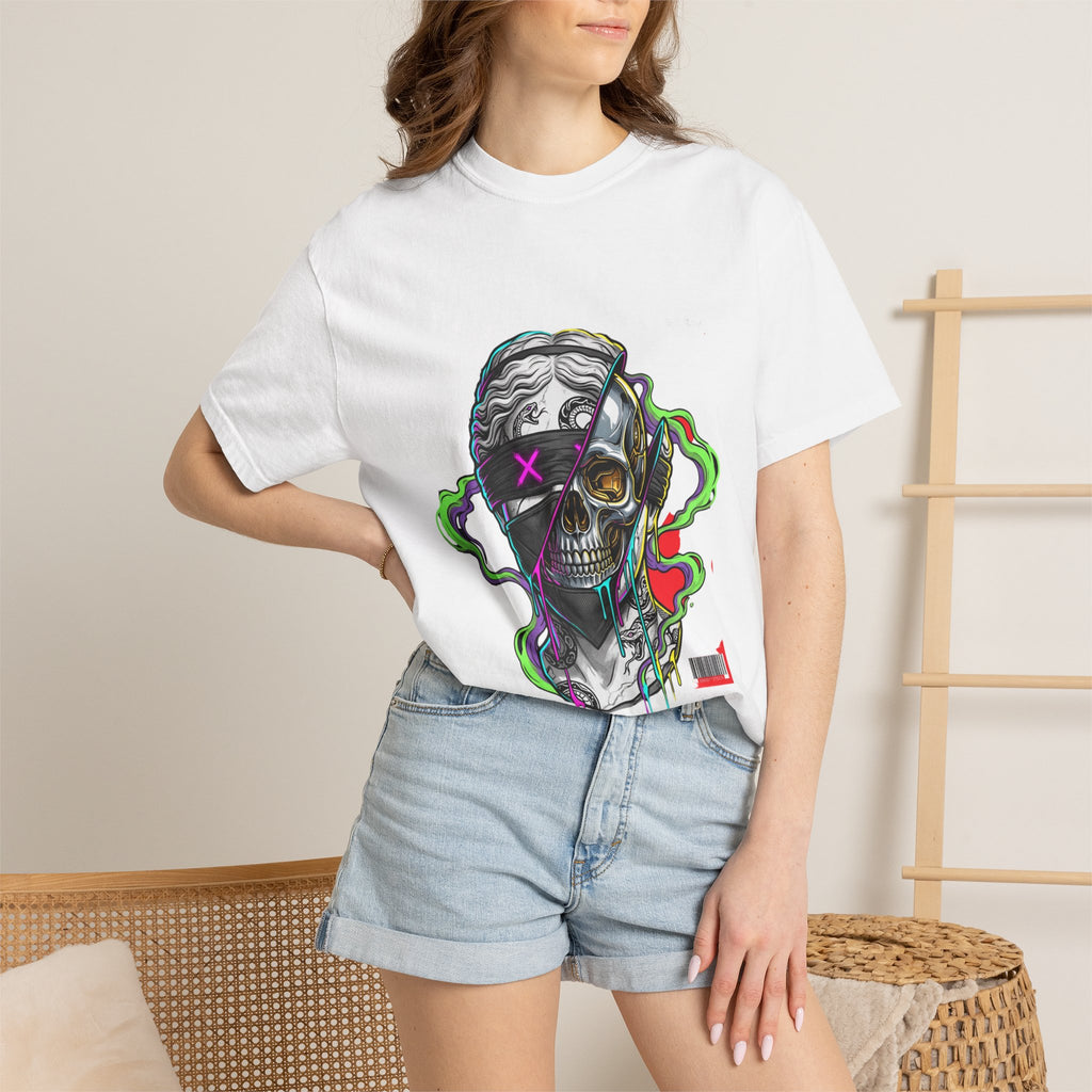 Skull Split Face T-Shirt — Neon Cyberpunk Graphic Tee