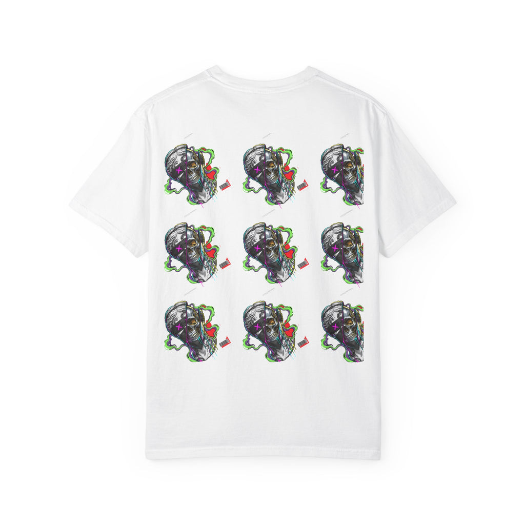Skull Split Face T-Shirt — Neon Cyberpunk Graphic Tee