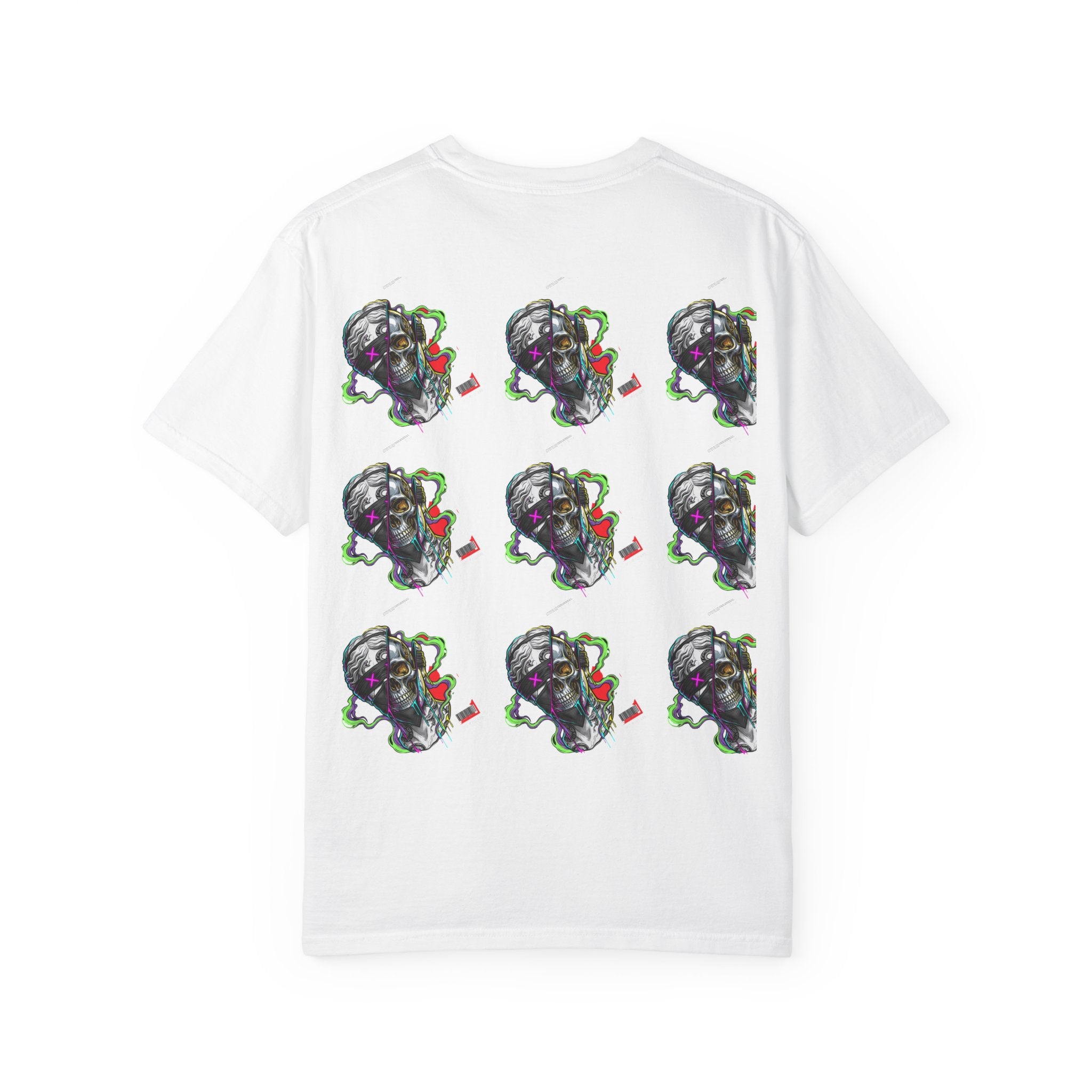 Skull Split Face T-Shirt — Neon Cyberpunk Graphic Tee